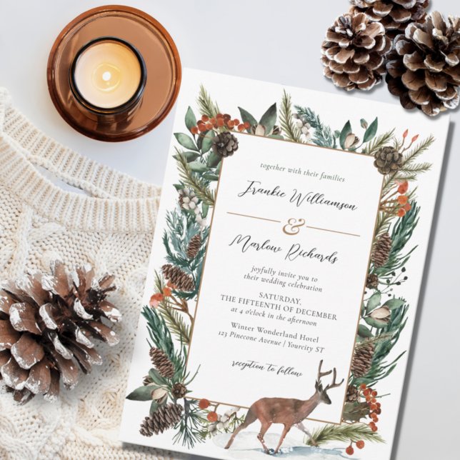 Rustic Winter Pine Cone Greenery Evergreen Wedding Invitation (Creator Uploaded)