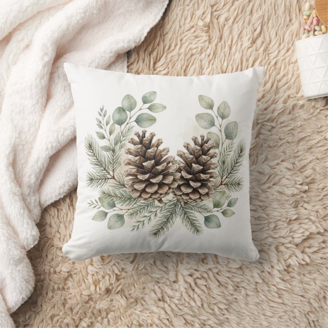 Rustic Winter Pine Cone Throw Pillow - Eucalyptus  (Blanket)