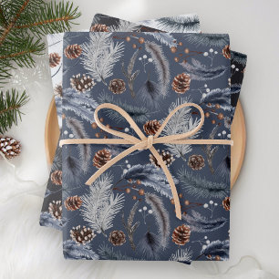 Rustic Winter Pine Cones Spruce Leaves Branch Wrapping Paper Sheet