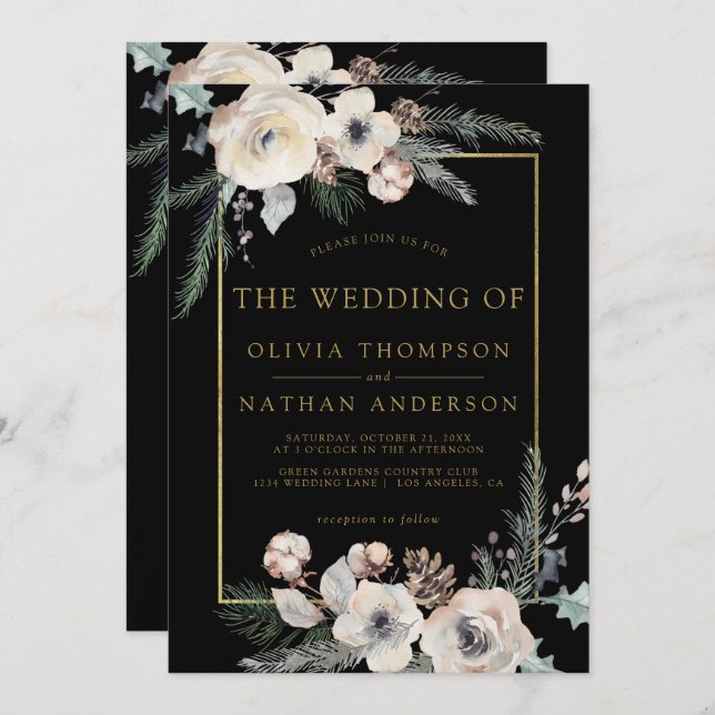 Rustic Winter Pine Floral Black Gold Frame Wedding Invitation (Front/Back)