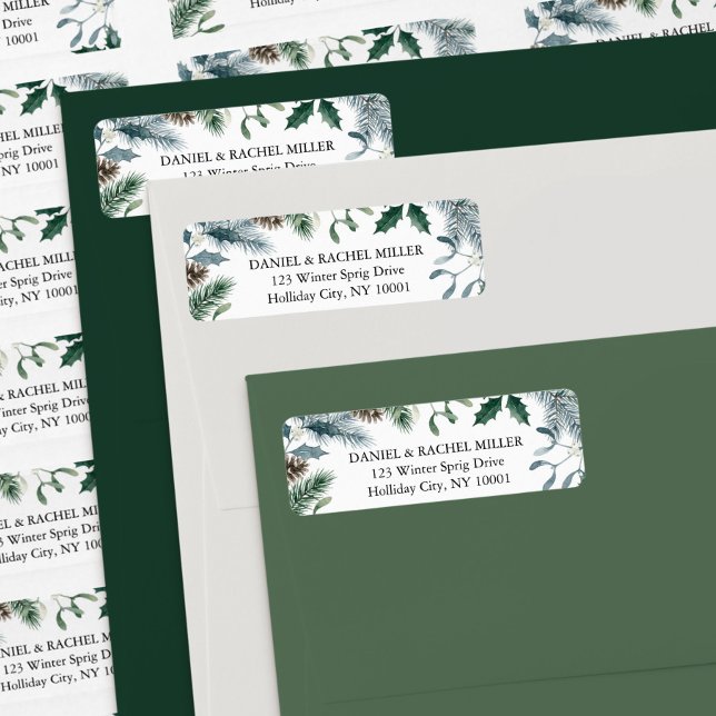 Rustic Winter Pine Mistletoe Holiday Address (Christmas greenery address labels by Darling & May)