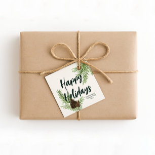 Rustic Winter Pine Pinecone Happy Holidays Ivory Favour Tags