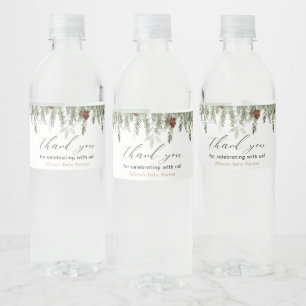 Rustic winter pine tree acorns water bottle label