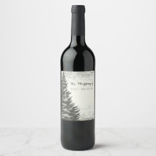 Rustic Winter Pine Tree & White Wood Wedding Wine Label