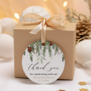 Rustic winter pine trees baby shower thank you favour tags