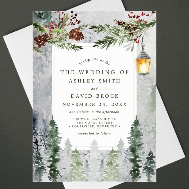 Rustic Winter Pine Trees Botanical Lantern Wedding Acrylic Invitations (Creator Uploaded)