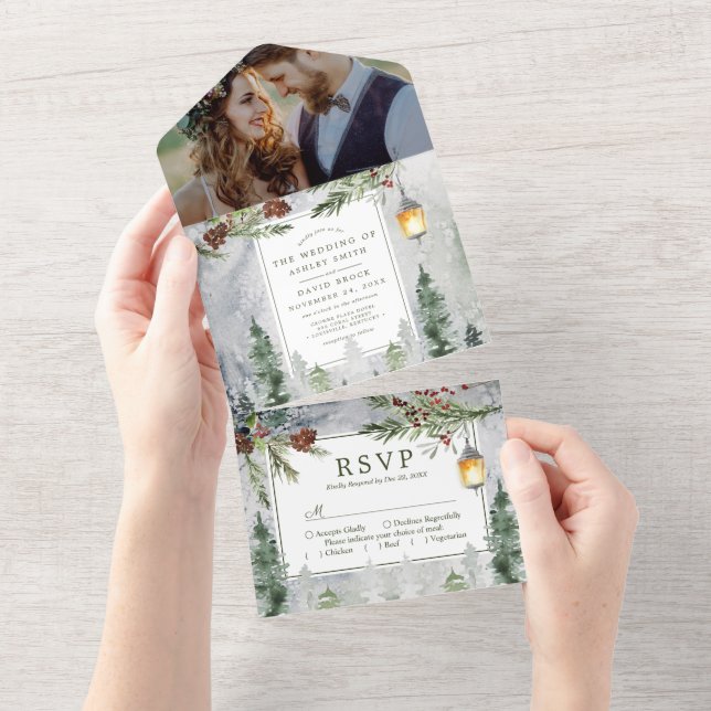 Rustic Winter Pine Trees Botanical Lantern Wedding All In One Invitation (Tearaway)