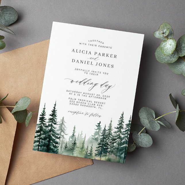 Rustic winter pine trees forest watercolor wedding invitation (Creator Uploaded)