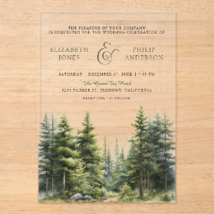 Rustic Winter Pine Trees Forest Wedding Acrylic Invitations