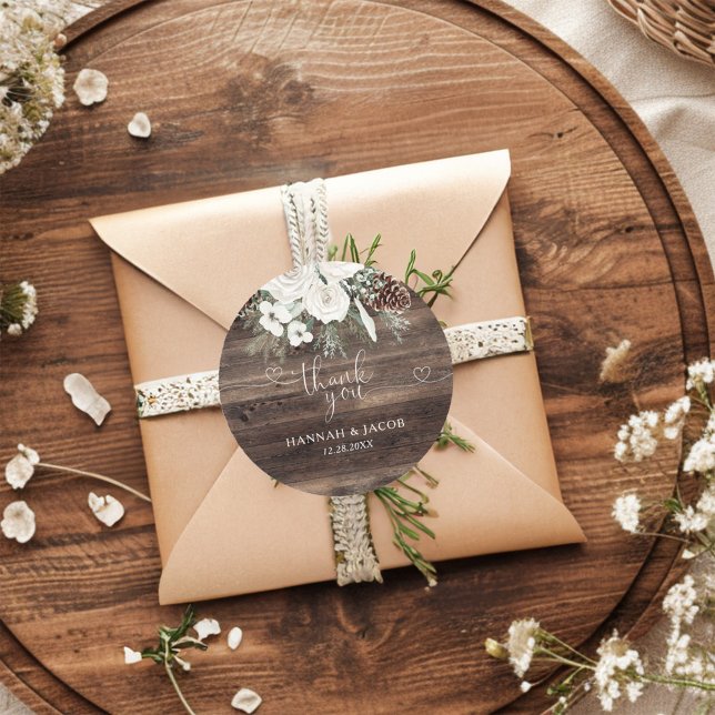 Rustic Winter Pine Wedding Thank You Favour Classic Round Sticker (Creator Uploaded)