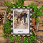 Rustic Winter Plaid Christmas Photo<br><div class="desc">Send holiday greetings to friends and family with our rustic elegant photo cards featuring a wintry navy blue and black buffalo plaid pattern framing your vertical favourite photo. Personalise with two lines of custom text; shown with "Merriest Christmas" and your family name. Gold foil trim adds a luxe touch to...</div>