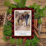 Rustic Winter Plaid Christmas Photo<br><div class="desc">Send holiday greetings to friends and family with our rustic elegant photo cards featuring a red and black buffalo plaid pattern framing your vertical favourite photo. Personalise with two lines of custom text; shown with "Merriest Christmas" and your family name. Gold foil trim adds a luxe touch to this festive...</div>