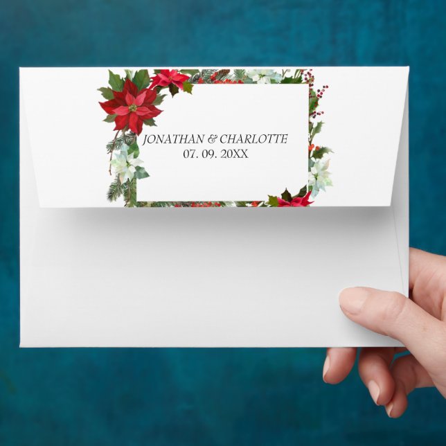 Rustic Winter Poinsettia Red Christmas Wedding Envelope (Hand)