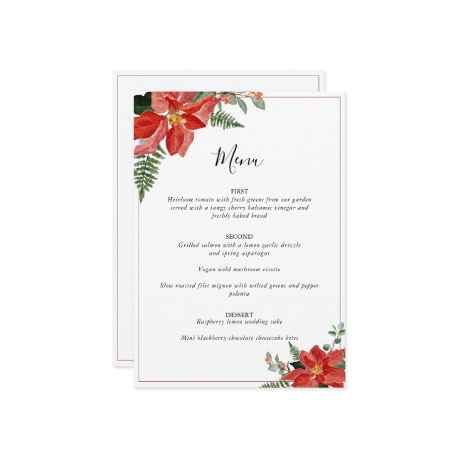 Rustic Winter Poinsettia Red Christmas Wedding Menu (Front/Back In Situ)