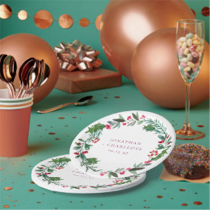 Rustic Winter Poinsettia Red Christmas Wedding Paper Plate