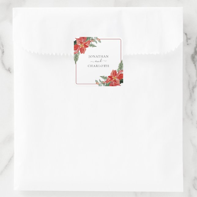 Rustic Winter Poinsettia Red Christmas Wedding Square Sticker (Bag)
