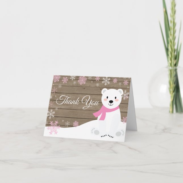 Rustic Winter Polar Bear Snowflake Pink Thank You Card (Front)