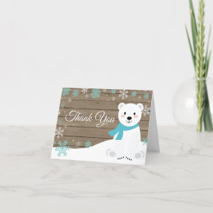 Rustic Winter Polar Bear Snowflake Teal Thank You Card
