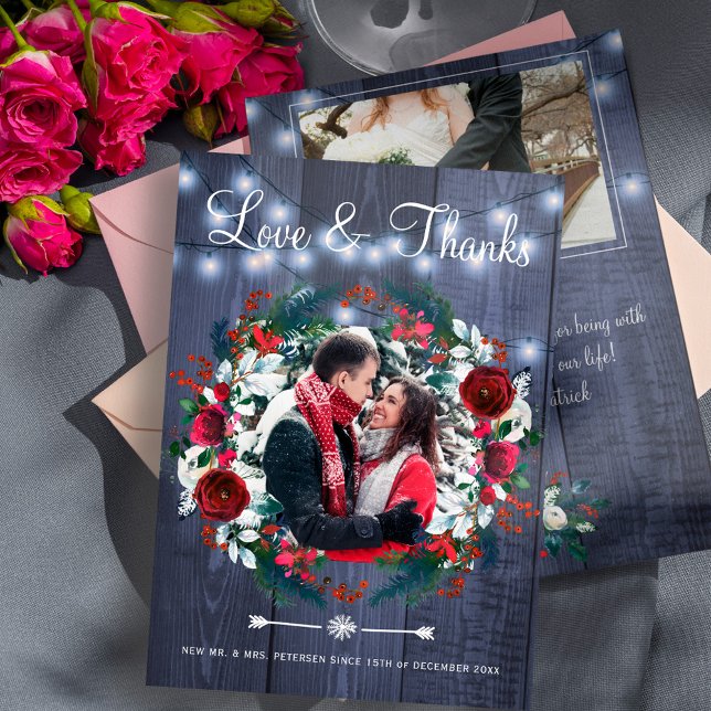 Rustic Winter Red Floral Wedding Navy Thank You (Creator Uploaded)