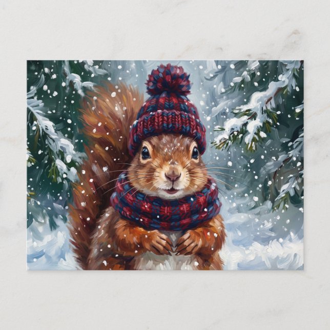 Rustic Winter Red Squirrel Art Christmas Postcard (Front)