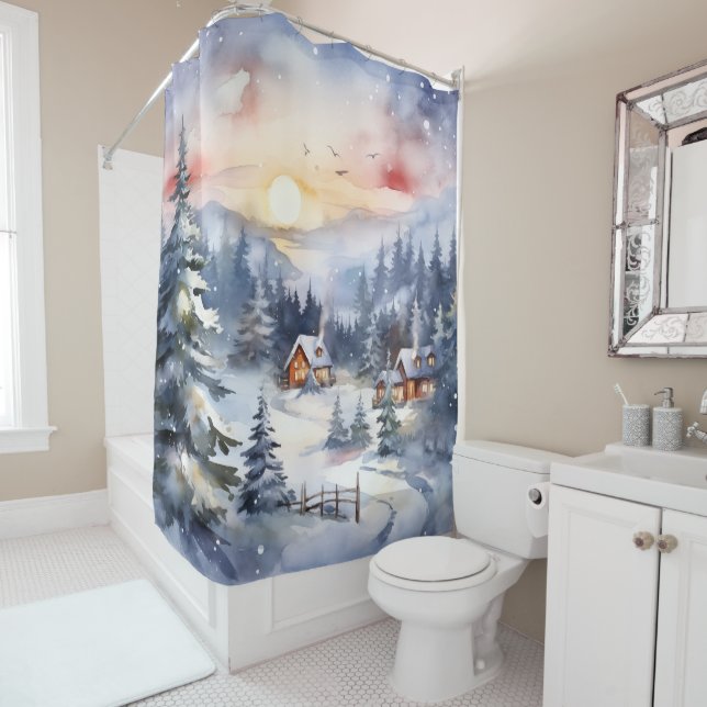 Rustic Winter Scene Chimney Smoke Snow Trees Shower Curtain (In Situ)