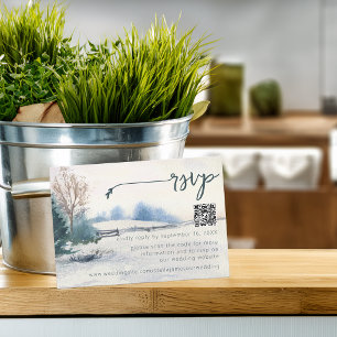 Rustic Winter Scenery Pine Tree Wedding QR Code RSVP Card