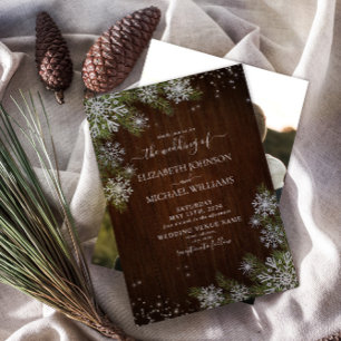 Rustic Winter Silver Snowflake Wood Photo Wedding Invitation