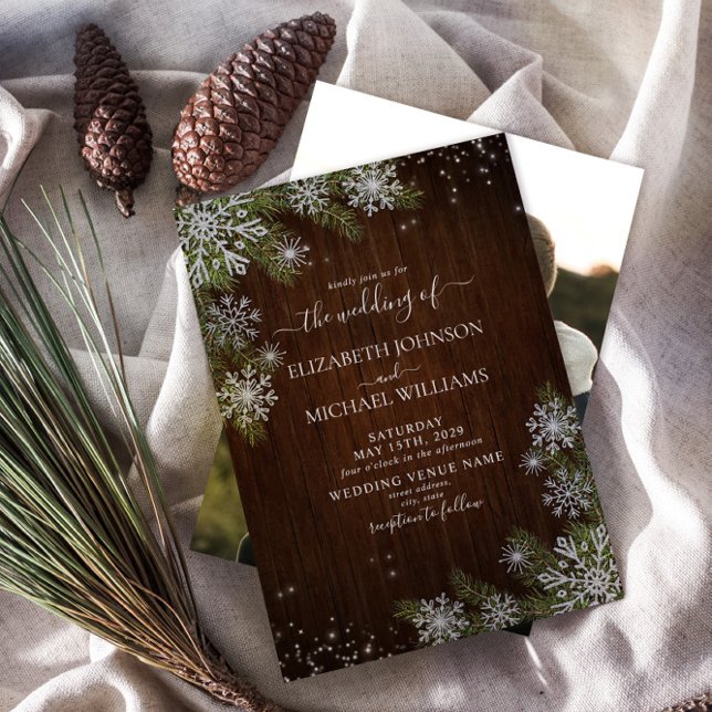 Rustic Winter Silver Snowflake Wood Photo Wedding Invitation (Creator Uploaded)