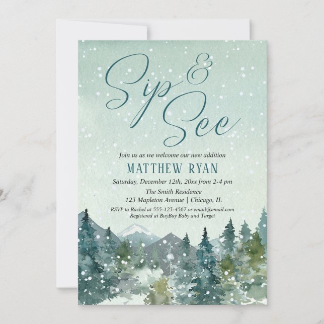 Rustic winter sip and see, meet greet baby shower invitation (Front)