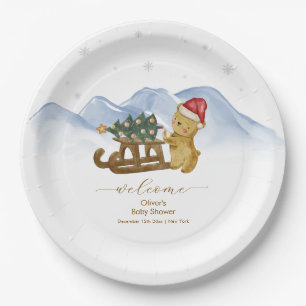 Rustic Winter Sleigh Bear Baby Shower Welcome Paper Plate