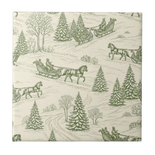 Rustic Winter Sleigh Green Cream Snowy Landscape Tile