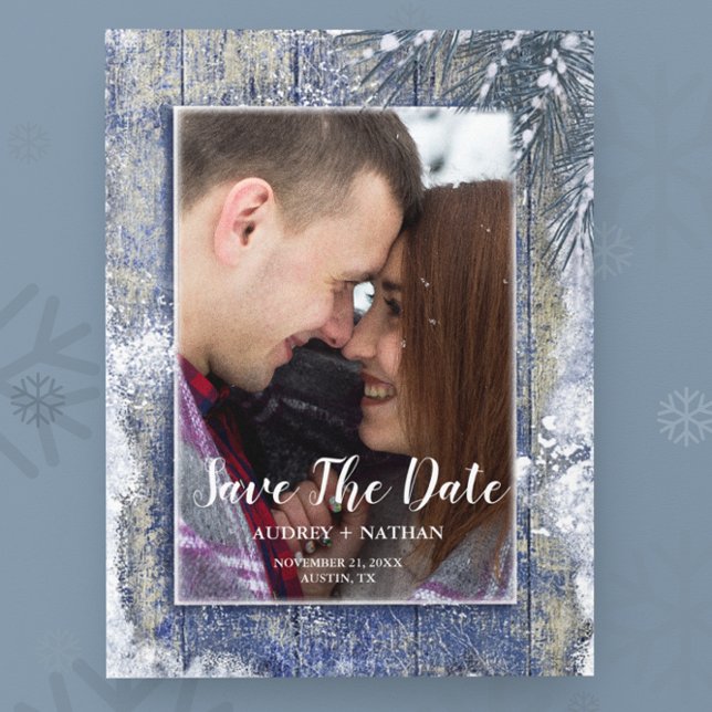 Rustic Winter Snow Barn Wood Photo Save the Date Announcement Postcard (Creator Uploaded)