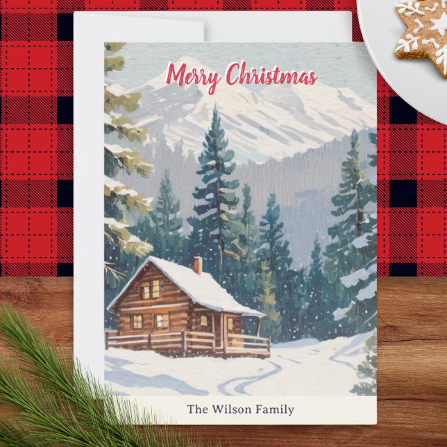 Rustic Winter Snow Country Cabin Christmas Holiday Card (A rustic personalized Christmas card with illustration of a cabin on a mountain with snow and trees)