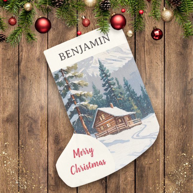 Rustic Winter Snow Country Cabin Merry Christmas Small Christmas Stocking (A Christmas stocking with picture of country cabin in snow, Merry Christmas greeting and custom name)