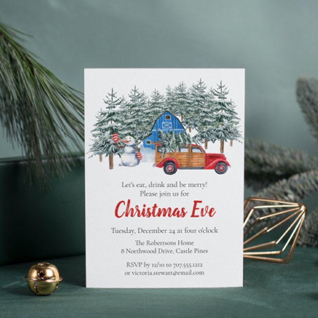 Rustic Winter Snow Red Truck Christmas Eve Dinner Invitation (Creator Uploaded)