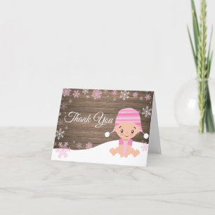 Rustic Winter Snowflake Baby Girl Pink Thank You Card