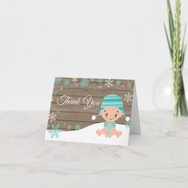 Rustic Winter Snowflake Baby Teal Thank You Card (Front)