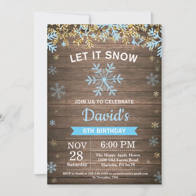 Rustic Winter Snowflake Blue and Gold Boy Birthday Invitation (Front)