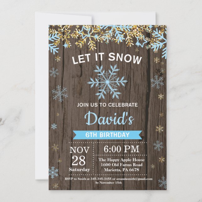 Rustic Winter Snowflake Blue and Gold Boy Birthday Invitation (Front)