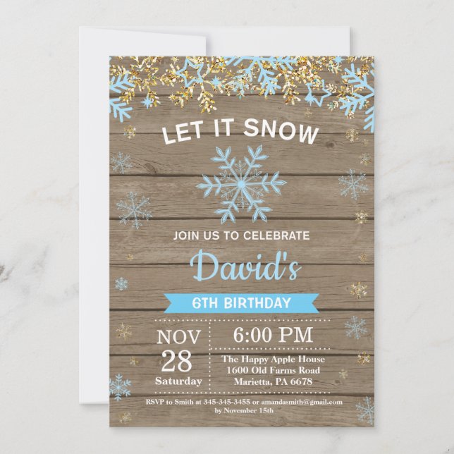 Rustic Winter Snowflake Blue and Gold Boy Birthday Invitation (Front)