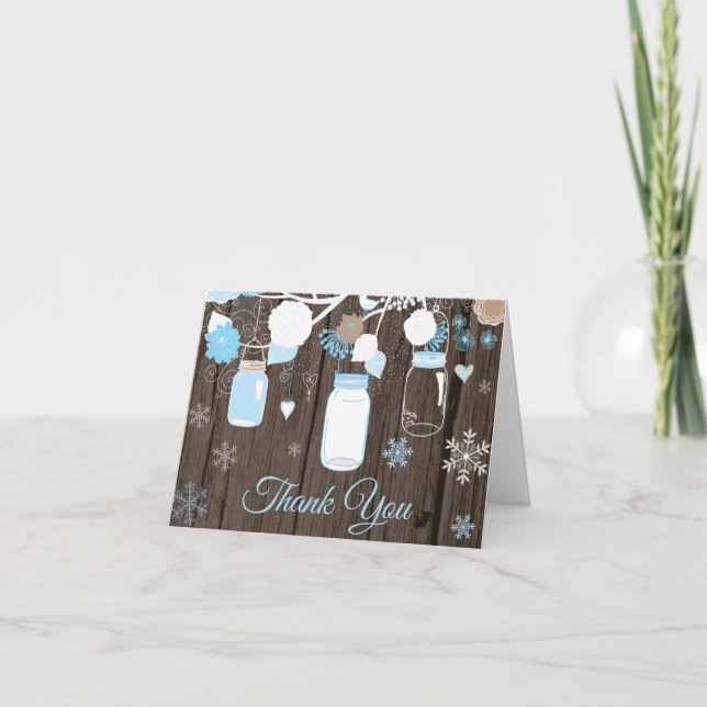 Rustic Winter Snowflake Mason Jar Blue Thank You Card (Front)