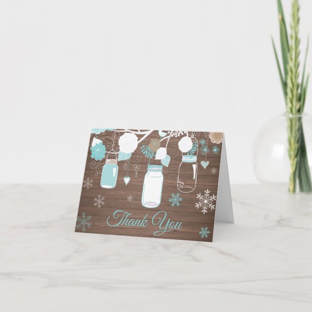 Rustic Winter Snowflake Mason Jar Teal Thank You Card (Front)