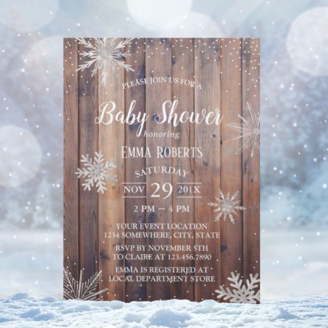 Rustic Winter Snowflakes Barn Wood Baby Shower Invitation (Creator Uploaded)