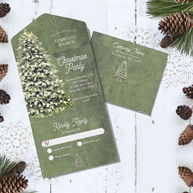 Rustic Winter Snowflakes Green Christmas Wedding All In One Invitation (Creator Uploaded)