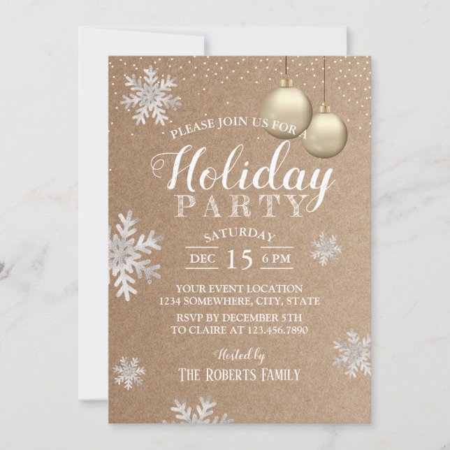 Rustic Winter Snowflakes Holiday Party Kraft Invitation (Front)