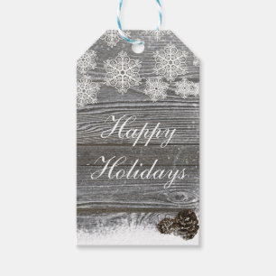 Rustic Winter Snowflakes Wood & Pinecones Gift Tags