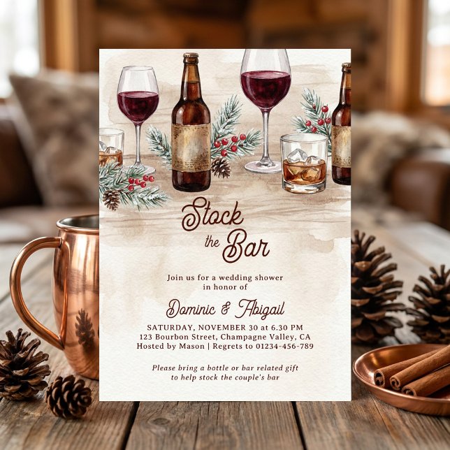 Rustic Winter Stock The Bar Couples Shower Invitation (Rustic stock the bar couples shower invitation with wine beer and winter greenery by Darling & May)