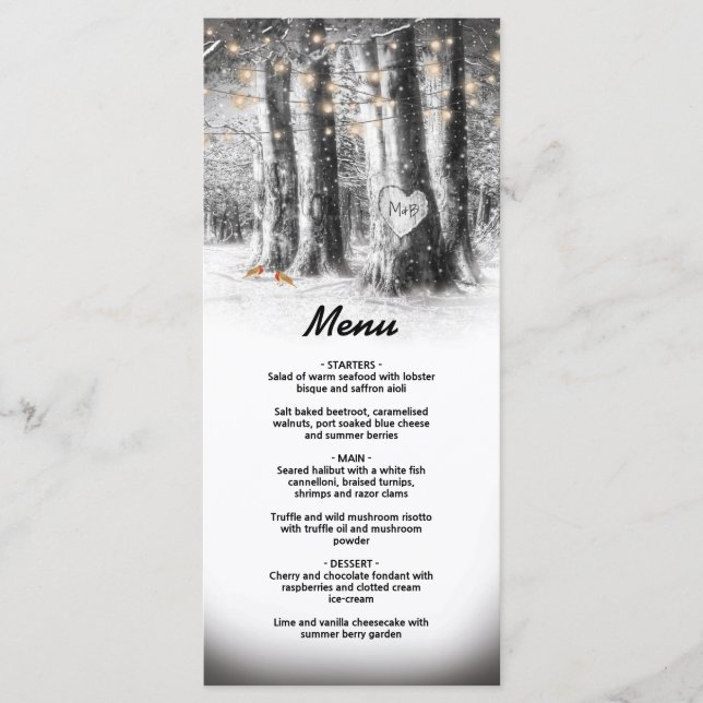 Rustic Winter Tree & String Lights Party Menu (Front)