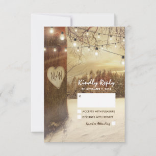 Rustic Winter Tree Twinkle Lights Wedding RSVP Card