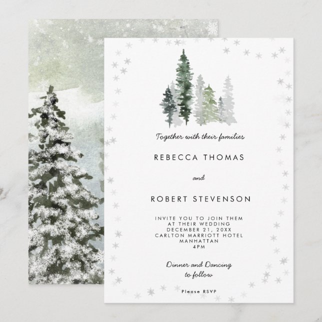 rustic winter trees holiday wedding invitation (Front/Back)